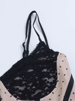 Contrast Lace Polka Dot Corset Camisole Thin Spaghetti Strap Bone Structured Slim Crop Bustier Top