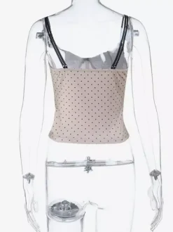 Contrast Lace Polka Dot Corset Camisole Thin Spaghetti Strap Bone Structured Slim Crop Bustier Top