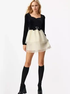 Contrast Mini Dress With Bowknot Long Sleeve Square Collar Layered Birthday Party Dress 2026
