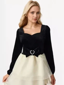 Contrast Mini Dress With Bowknot Long Sleeve Square Collar Layered Birthday Party Dress 2026