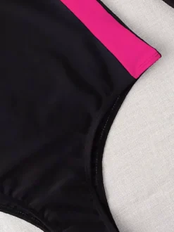 Contrast Panel Zip Front Long Sleeve One Piece Rash Guard Surf Swimsuit
