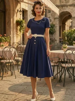 Contrast Piping Bow Neck Button Decor Pleated A Line Swing Dress For Women 2026