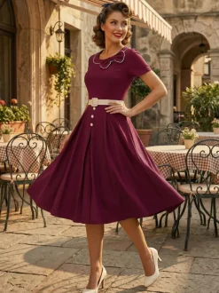 Contrast Piping Bow Neck Button Decor Pleated A Line Swing Dress For Women 2026