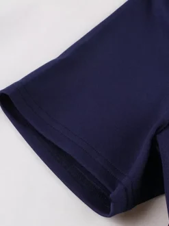 Contrast Piping Bow Neck Button Decor Pleated A Line Swing Dress For Women 2026