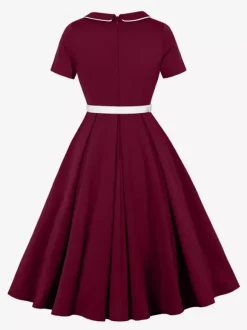 Contrast Piping Bow Neck Button Decor Pleated A Line Swing Dress For Women 2026
