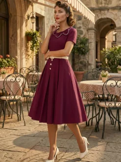 Contrast Piping Bow Neck Button Decor Pleated A Line Swing Dress For Women 2026