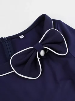 Contrast Piping Bow Neck Button Decor Pleated A Line Swing Dress For Women 2026