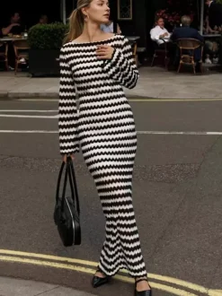Contrast Wave Pattern Knit Long Sleeve Bodycon Maxi Dress For Women 2026