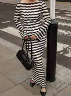 Contrast Wave Pattern Knit Long Sleeve Bodycon Maxi Dress For Women 2026