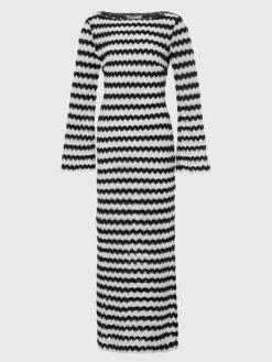 Contrast Wave Pattern Knit Long Sleeve Bodycon Maxi Dress For Women 2026