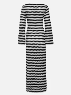 Contrast Wave Pattern Knit Long Sleeve Bodycon Maxi Dress For Women 2026