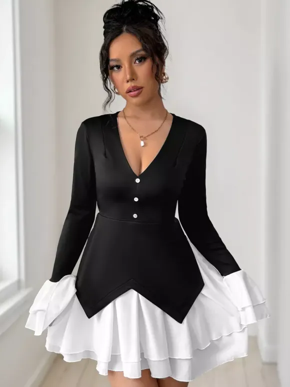 Contrasting Color Flare Sleeves Mini Dress With V-neck And Layered Skirt For Autumn 2026