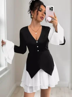 Contrasting Color Flare Sleeves Mini Dress With V-neck And Layered Skirt For Autumn 2026