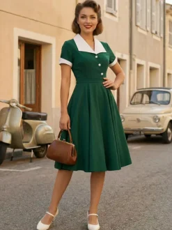 Contrast Lapel Collar Short Sleeve Retro Swing Dress For Women 2026