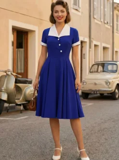Contrast Lapel Collar Short Sleeve Retro Swing Dress For Women 2026