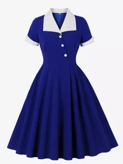 Contrast Lapel Collar Short Sleeve Retro Swing Dress For Women 2026