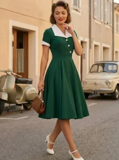 Contrast Lapel Collar Short Sleeve Retro Swing Dress For Women 2026