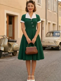 Contrast Lapel Collar Short Sleeve Retro Swing Dress For Women 2026