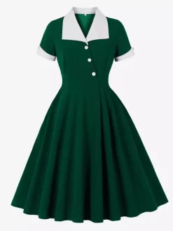 Contrast Lapel Collar Short Sleeve Retro Swing Dress For Women 2026