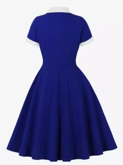 Contrast Lapel Collar Short Sleeve Retro Swing Dress For Women 2026