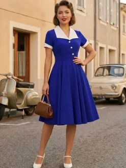 Contrast Lapel Collar Short Sleeve Retro Swing Dress For Women 2026