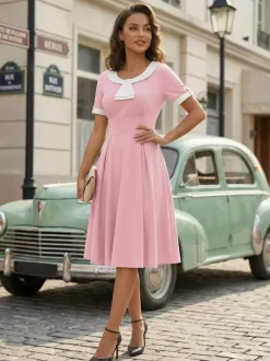 Contrast Peter Pan Collar A-line Summer Swing Midi Dress For Women 2026