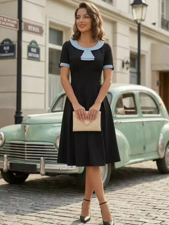 Contrast Peter Pan Collar A-line Summer Swing Midi Dress For Women 2026