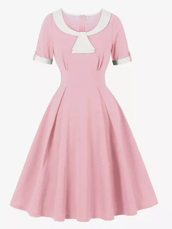 Contrast Peter Pan Collar A-line Summer Swing Midi Dress For Women 2026