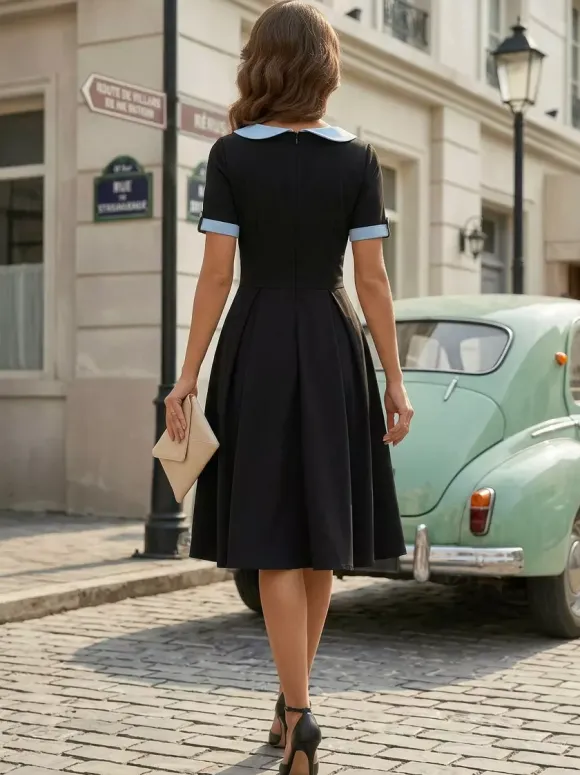 Contrast Peter Pan Collar A-line Summer Swing Midi Dress For Women 2026
