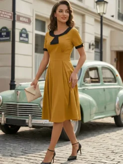 Contrast Peter Pan Collar A-line Summer Swing Midi Dress For Women 2026