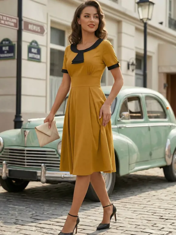 Contrast Peter Pan Collar A-line Summer Swing Midi Dress For Women 2026