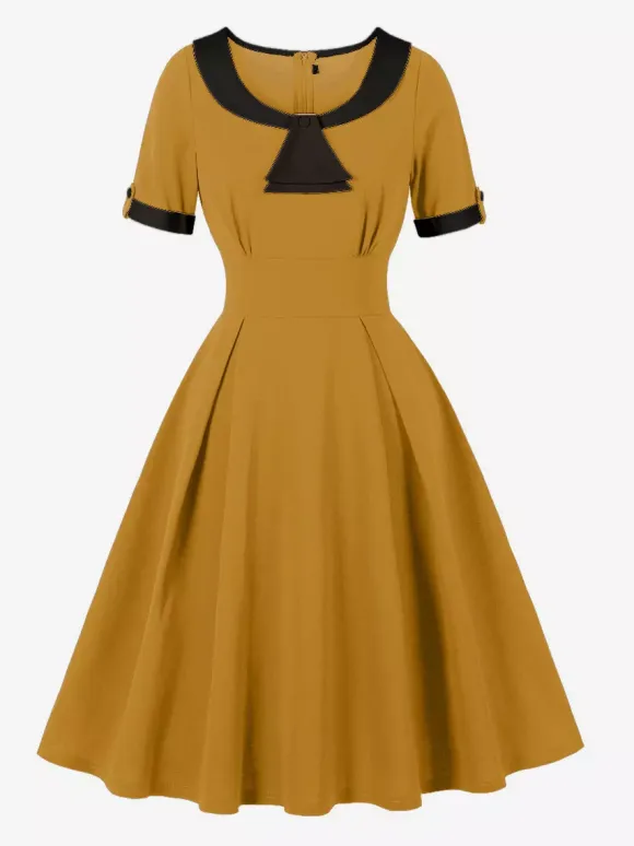 Contrast Peter Pan Collar A-line Summer Swing Midi Dress For Women 2026