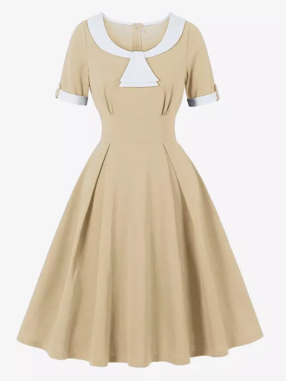 Contrast Peter Pan Collar A-line Summer Swing Midi Dress For Women 2026
