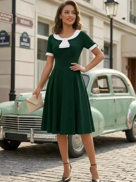 Contrast Peter Pan Collar A-line Summer Swing Midi Dress For Women 2026