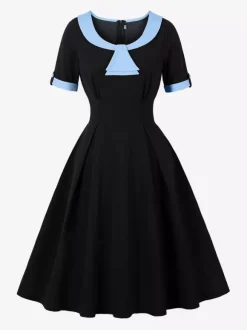 Contrast Peter Pan Collar A-line Summer Swing Midi Dress For Women 2026