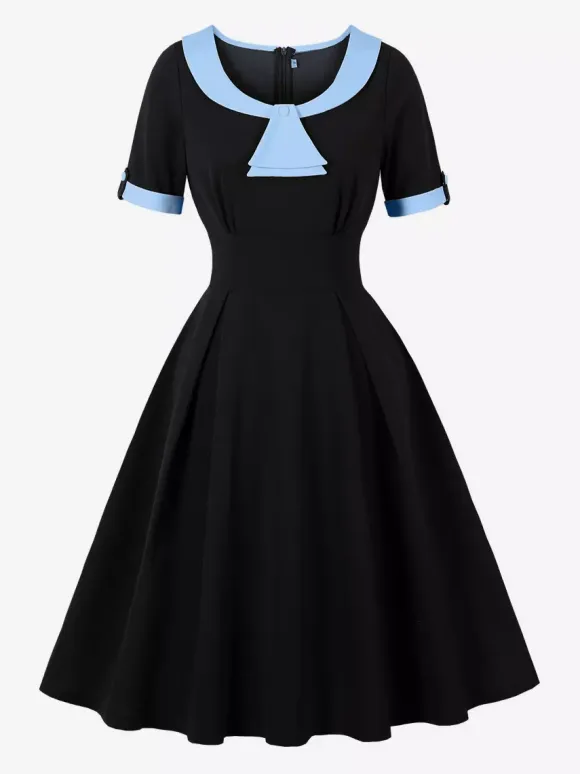 Contrast Peter Pan Collar A-line Summer Swing Midi Dress For Women 2026