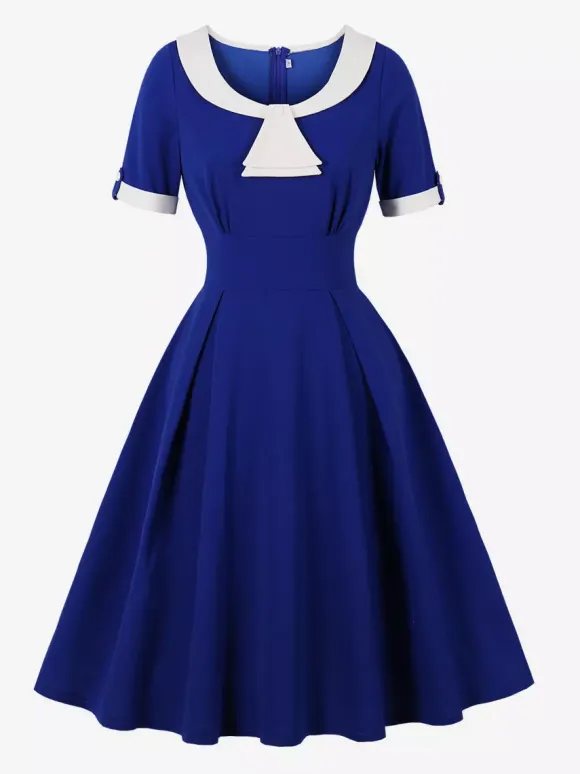Contrast Peter Pan Collar A-line Summer Swing Midi Dress For Women 2026