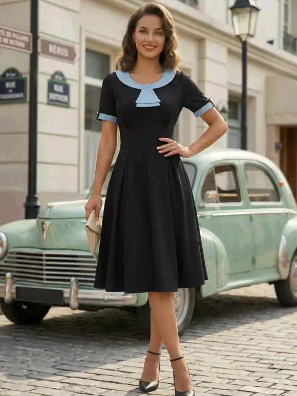 Contrast Peter Pan Collar A-line Summer Swing Midi Dress For Women 2026