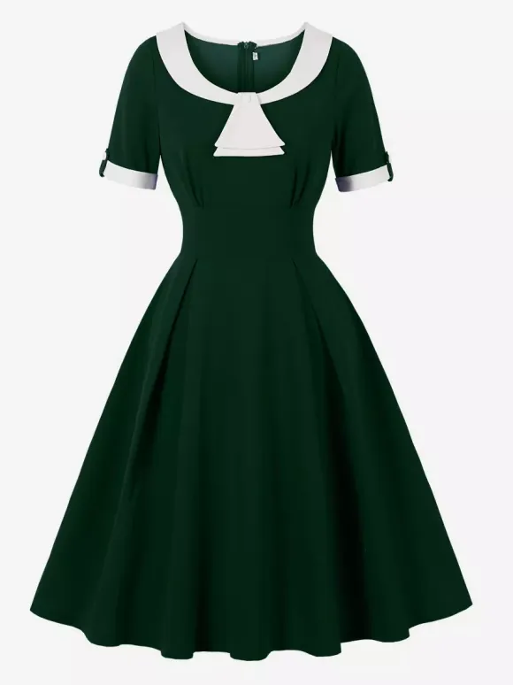 Contrast Peter Pan Collar A-line Summer Swing Midi Dress For Women 2026