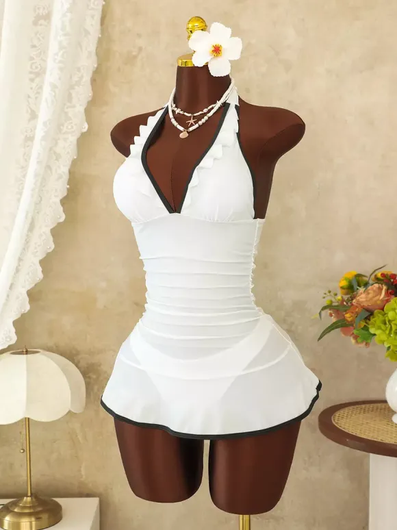 Contrast Piping Ruffle Halter Ruched Skirted One Piece Swim Dress