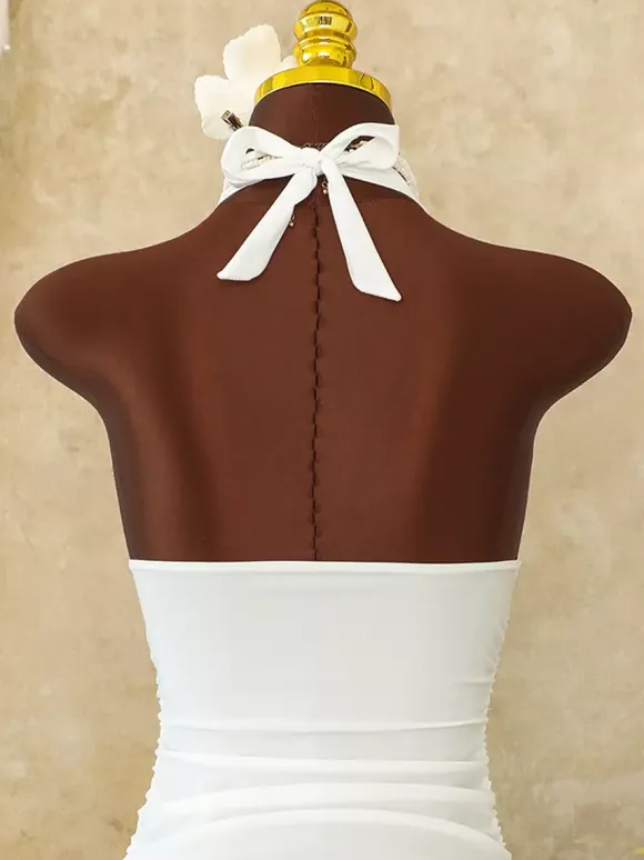 Contrast Piping Ruffle Halter Ruched Skirted One Piece Swim Dress
