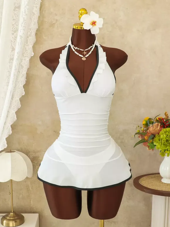 Contrast Piping Ruffle Halter Ruched Skirted One Piece Swim Dress