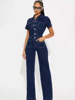 Contrast Stitch Denim Jumpsuit For Women - Dark Blue Washed Retro Short Sleeve Wide Leg Romper - Spring Casual Streetwear 2026