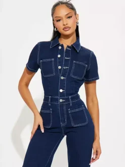 Contrast Stitch Denim Jumpsuit For Women - Dark Blue Washed Retro Short Sleeve Wide Leg Romper - Spring Casual Streetwear 2026