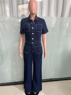 Contrast Stitch Denim Jumpsuit For Women - Dark Blue Washed Retro Short Sleeve Wide Leg Romper - Spring Casual Streetwear 2026