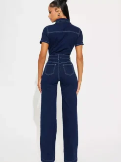 Contrast Stitch Denim Jumpsuit For Women - Dark Blue Washed Retro Short Sleeve Wide Leg Romper - Spring Casual Streetwear 2026