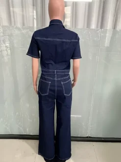 Contrast Stitch Denim Jumpsuit For Women - Dark Blue Washed Retro Short Sleeve Wide Leg Romper - Spring Casual Streetwear 2026