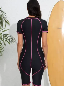 Contrast Stitch Zip Front Boyleg Athletic Swimsuit