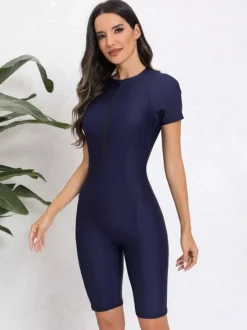 Contrast Stitch Zip Front Boyleg Athletic Swimsuit
