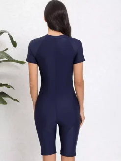 Contrast Stitch Zip Front Boyleg Athletic Swimsuit